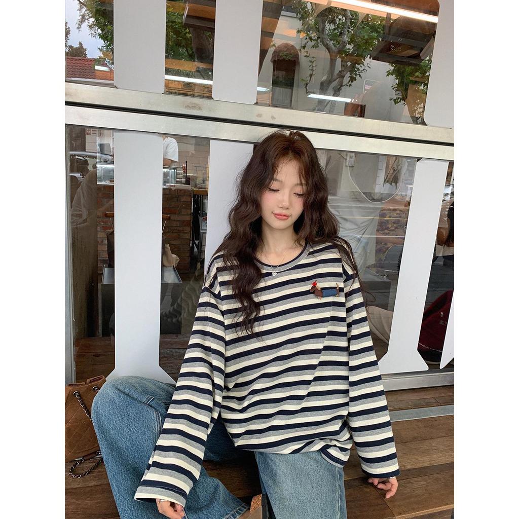 Japanese Style Sausage Dog Fabric Striped Long Sleeve Tee with Round Neck
