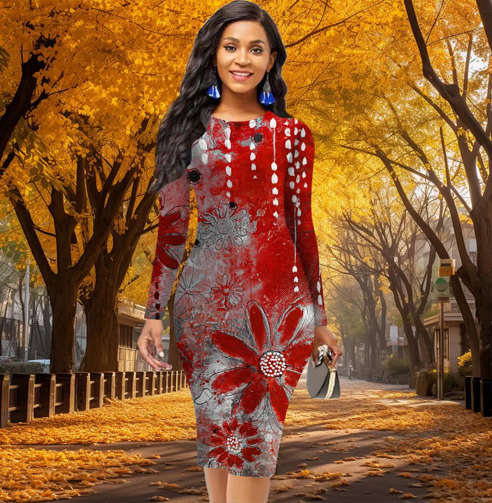 Long Sleeve Waist Tight Office Slim Fit Oil Painting Flowers Printing Elegant Bodycon Dress