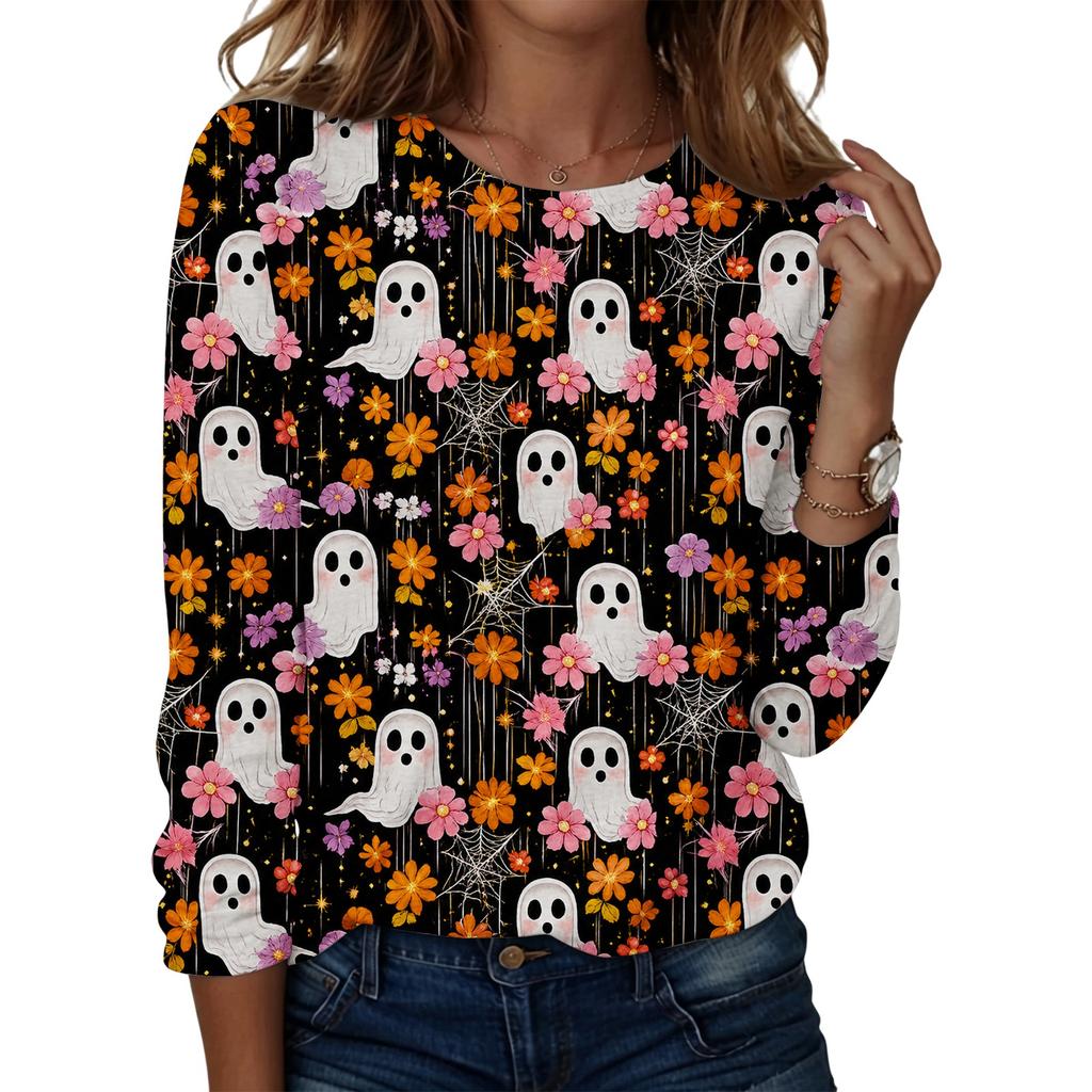 Women's Casual Long Sleeve Round Neck Top with Halloween Print for Party