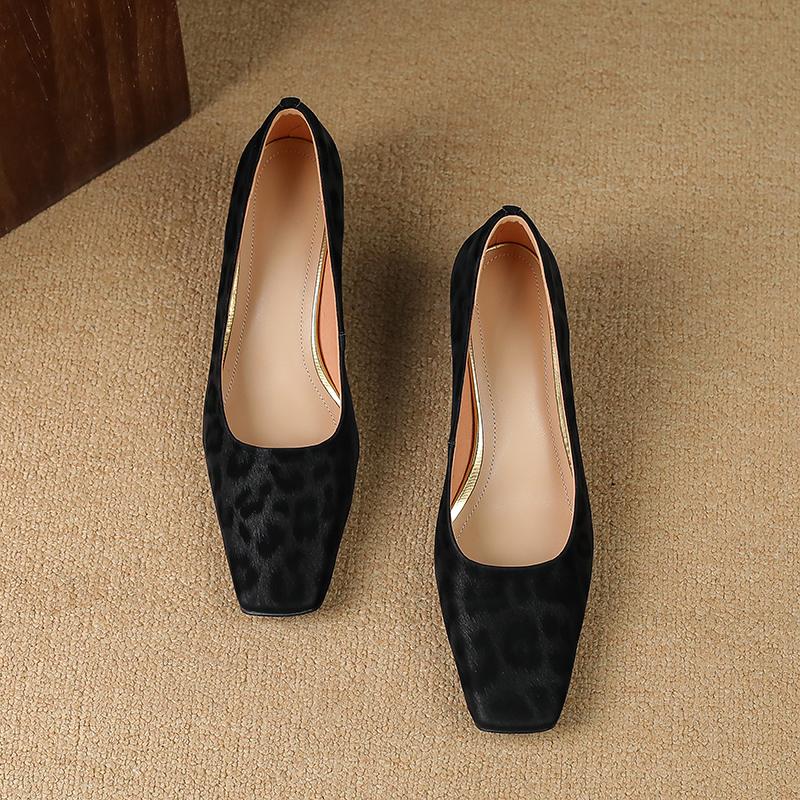 Krazing Pot Cow Skin Summer Autumn Thin Med Heels Party Shoes Women Square Toe Leopard Prints Shallow Pumps