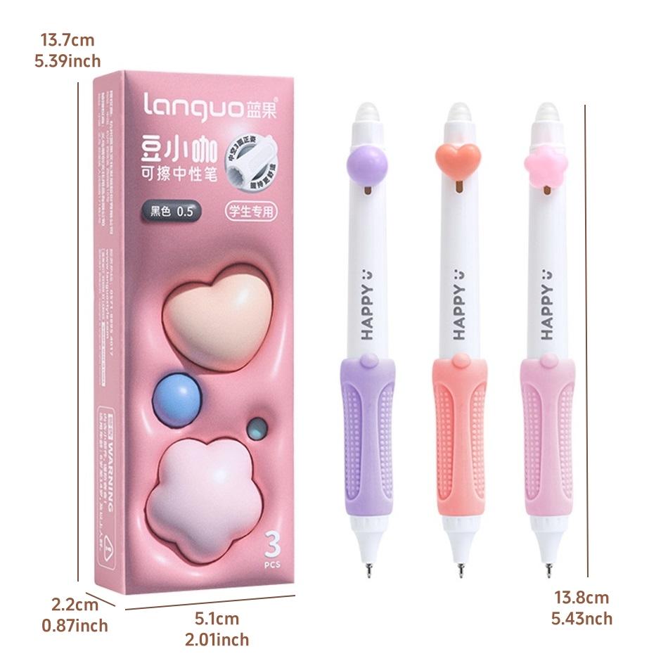 Sada 3 kusů gelových per Happy Beans Ergonomický trojúhelníkový grip smazatelný černý barevný inkoust 0,5 mm kuličkové pero pro školu psaní