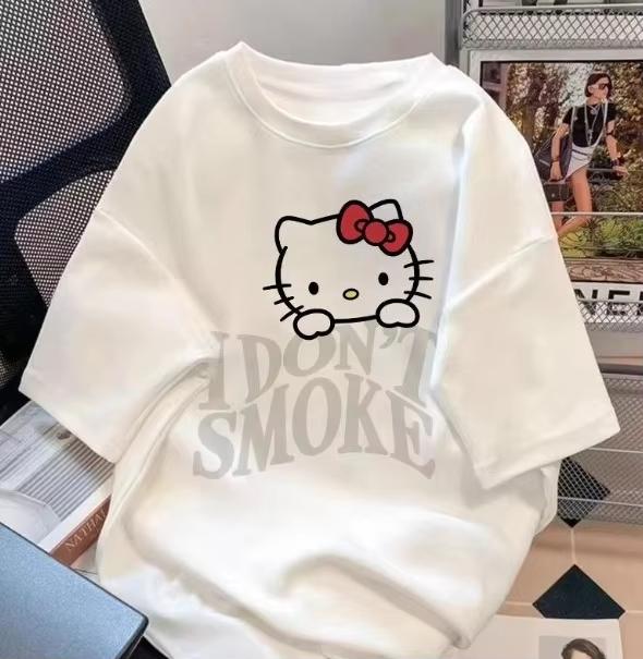 

2026Hello Kitty Sanrio fun print cotton Tshirt summer cartoon design kids round neck fashion loose casual wear S