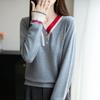 V-Ausschnitt Zweifarbig Warmes Base Layer Kontrastfarben Langärmliger Strickpullover für Damen