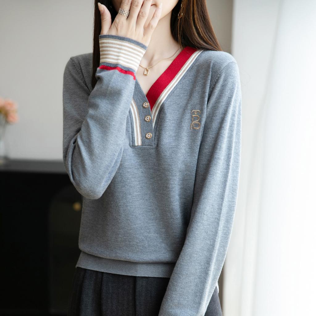 V-Ausschnitt Zweifarbig Warmes Base Layer Kontrastfarben Langärmliger Strickpullover für Damen