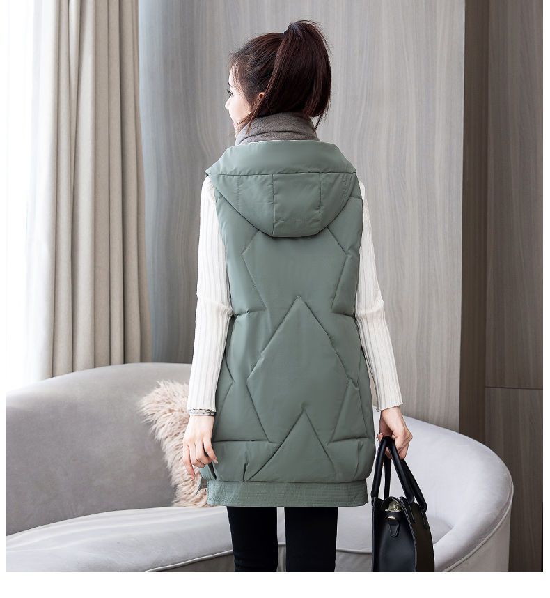 Autumn and Winter Women's Solid Color Hooded Warm and Windproof Mid-length Women's Sleeveless Jacket 9 Colors