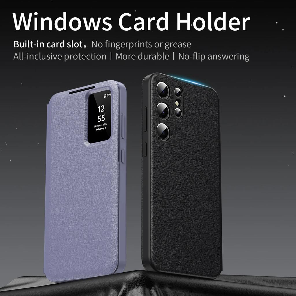 For Samsung Galaxy S25 S23 S24 S26 Ultra A57 A37 Case Original PU Leather Card Pocke Flip Smart Display Transparent Window Cover