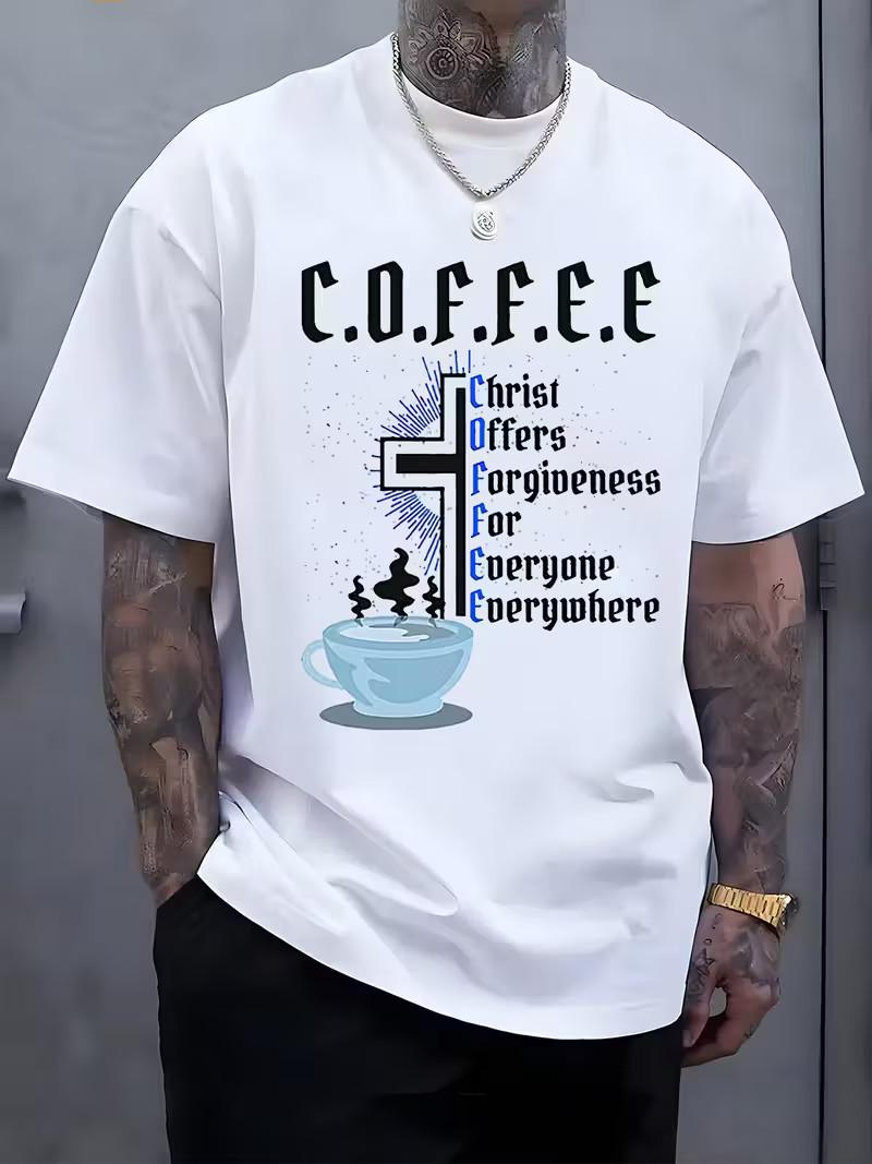 Men S Top Featuring a Coffee-Themed Graphic, Casual Short-Sleeve Round-Neck T-Sh L