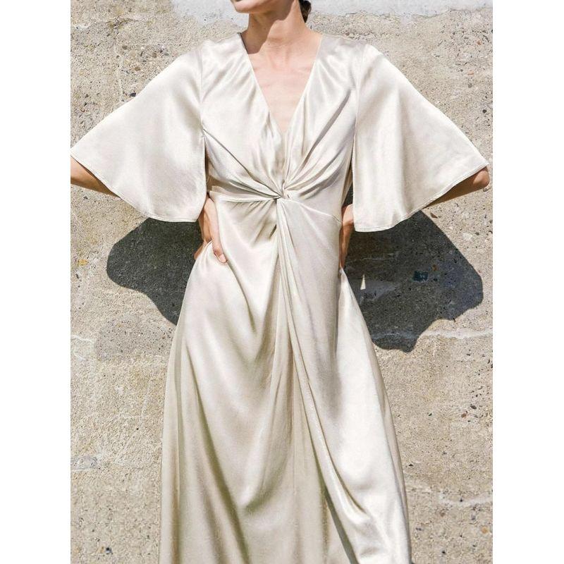 Western Style New Fashion Casual Loose Lace-up Waist Hugging Long sleeve V-neck Dress Slant Neck Dress