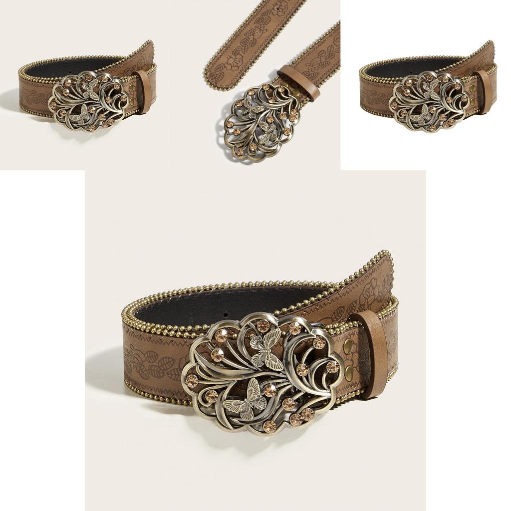 Vintage Punk Pu Leather Belt With With Butterfly Design And Rhinestone Decor For Teen Casual Wear