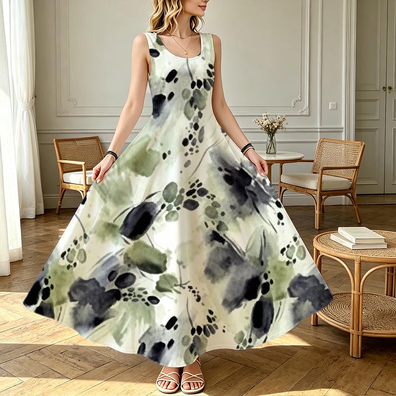 U Neck Ink Wash Design Lightweight Loose Fit Maxi Dress Flared Hem Tummy Control,Versatile for Urban Casual,Daily Wear & Vacation