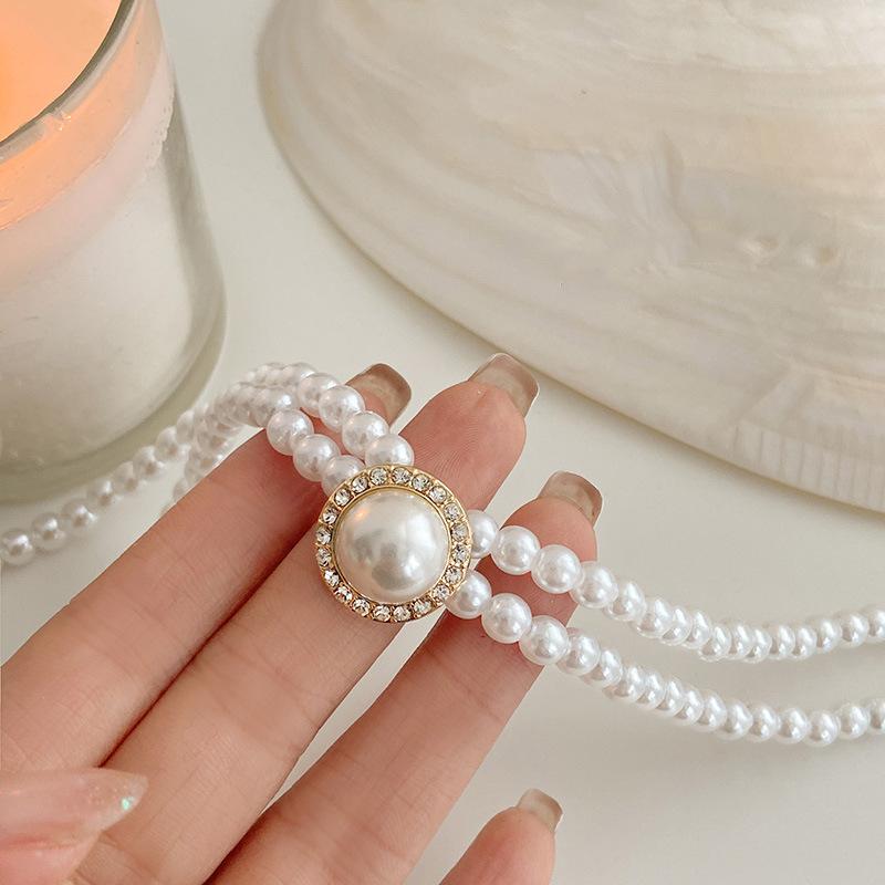 Two-layers Pearl Chokers for Women Luxury Crystal in Middle Double-layers Imitation Pearl Beads Wedding Neck Jewelry collar
