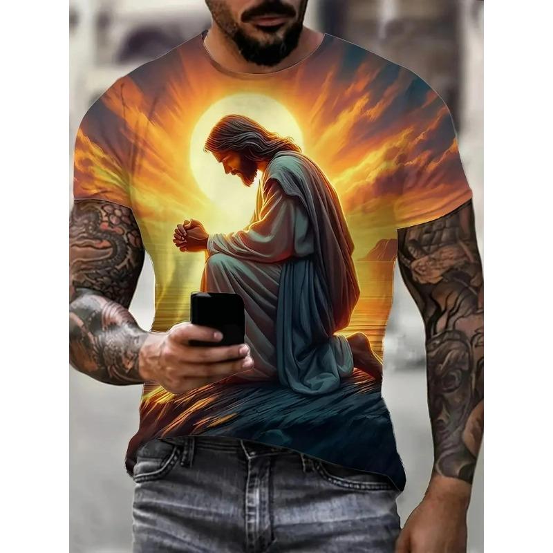 Praying Jesus Printed Kids Adult T-shirt Summer Women's and Men's Casual Outdoor Girl and Boy Short Sleeve Tees Top Pullover