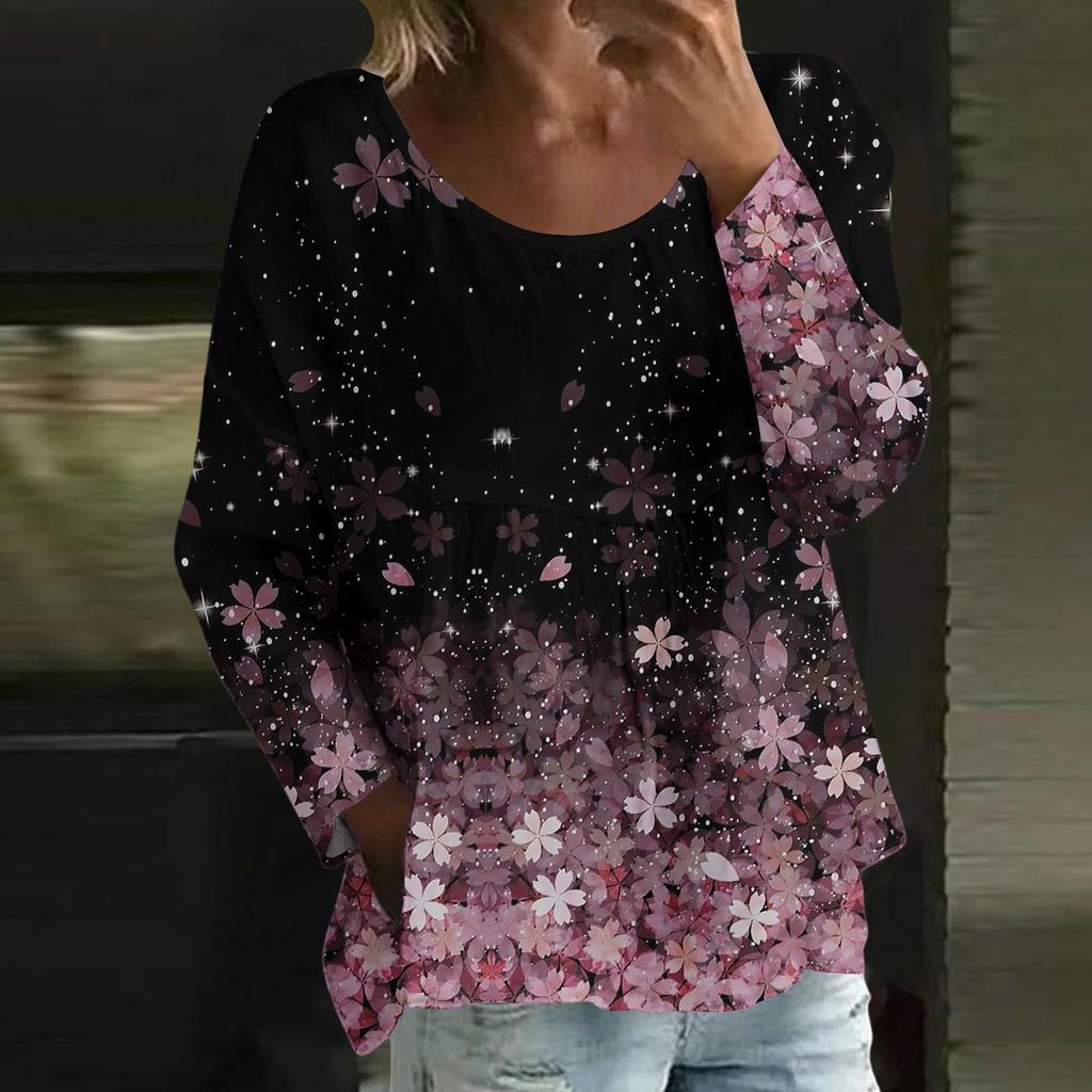 Damen Casual Mode Locker Rundhals Blumenmuster Langarm Oberteil