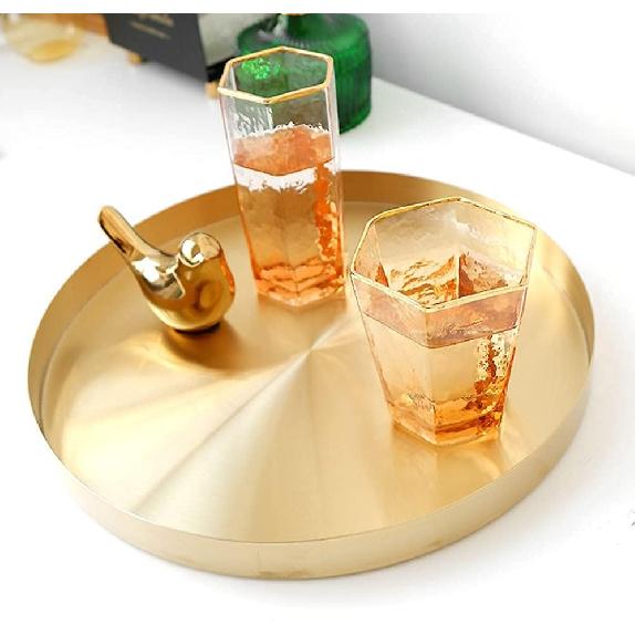 12-calowa złota okrągła metalowa taca dekoracyjna ze stali nierdzewnej złota taca do serwowania mosiężne kółko taca na blat stołowy do łazienki blatu biurka