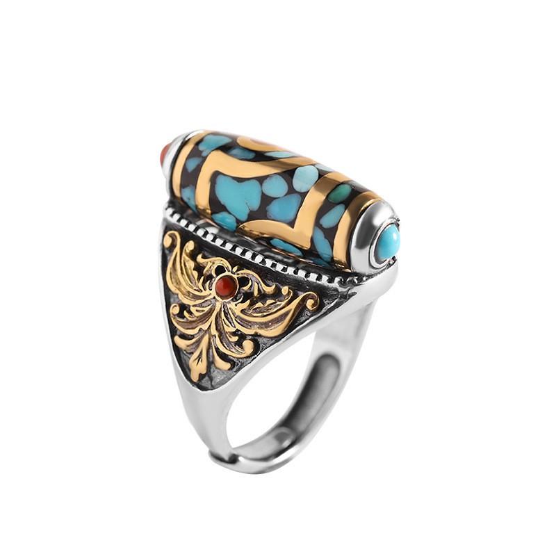 Adjustable Open Ring With Motif Vintage Tibetan Nepalese Style Handmade Copper Plated Unisex Finger