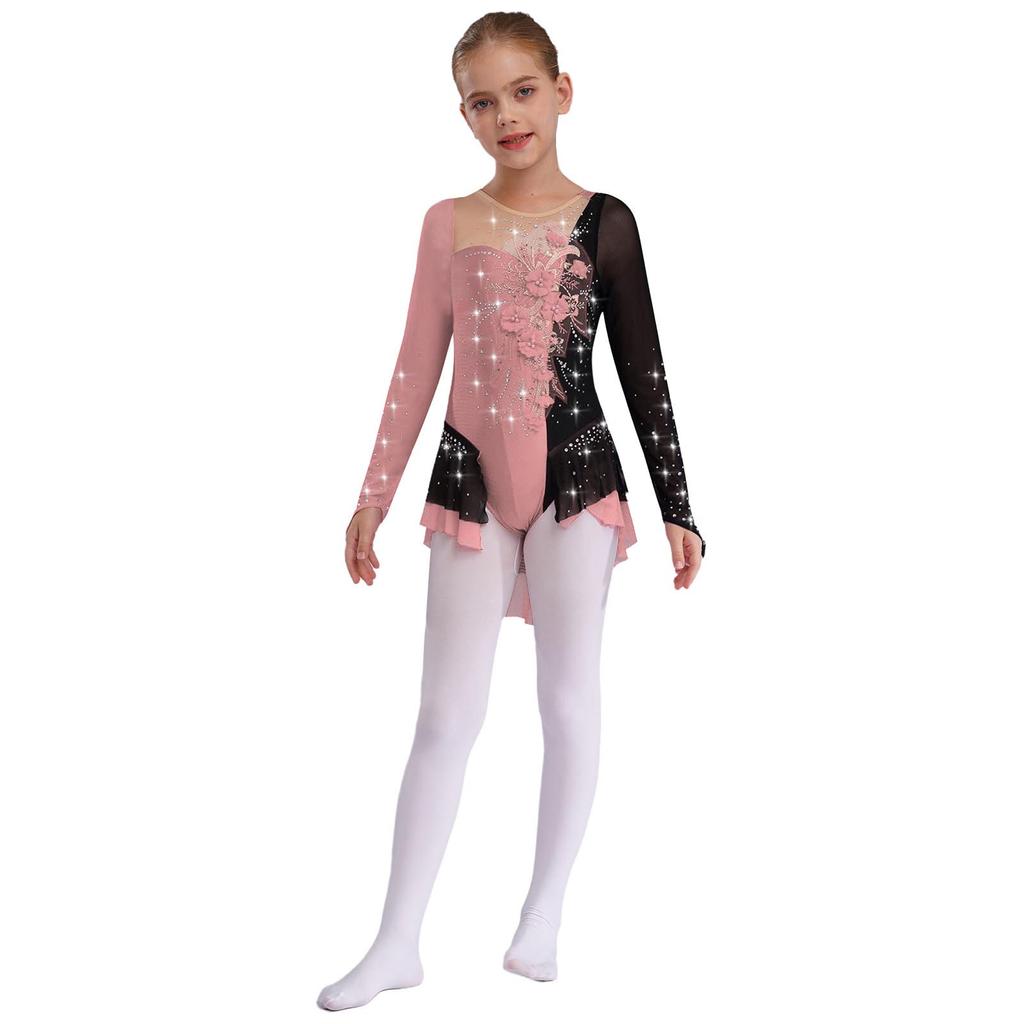 Mädchen Lyrisches Tanzkostüm Applikation Glänzende Strasssteine Rocked Leo Colorblock Mesh Langarm Body