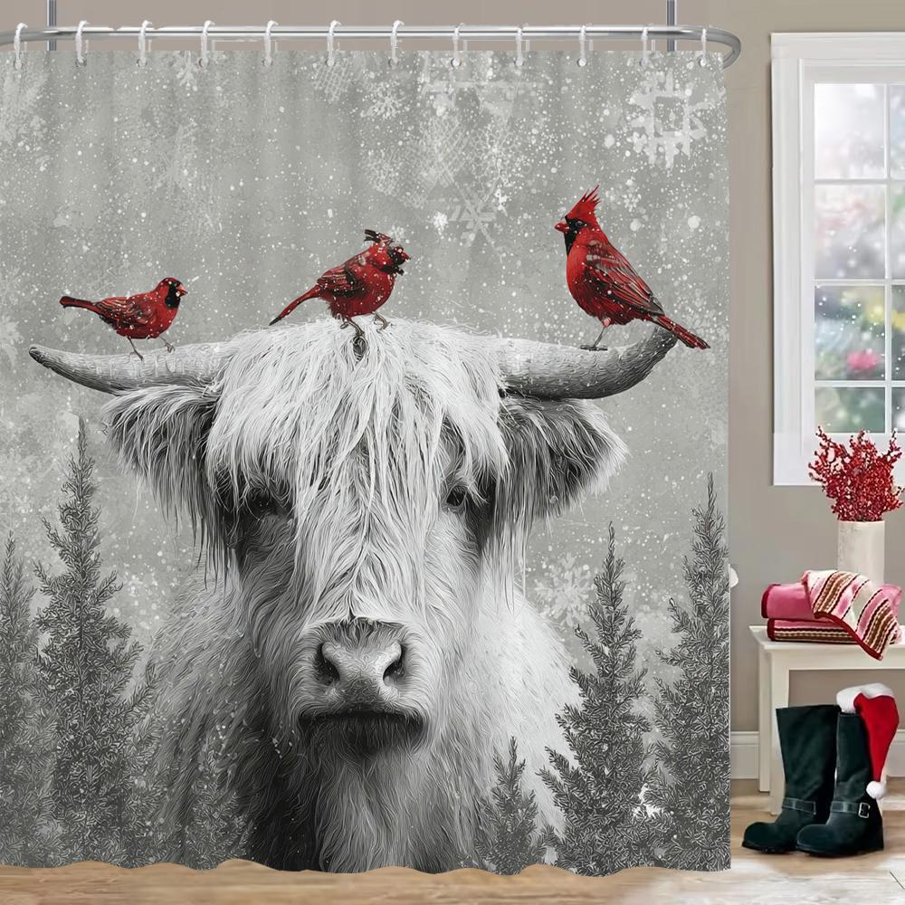 Merry Christmas Shower Curtain With Hooks Christmas Highland Cattle Shower Curtain Home For Decoration Curtain