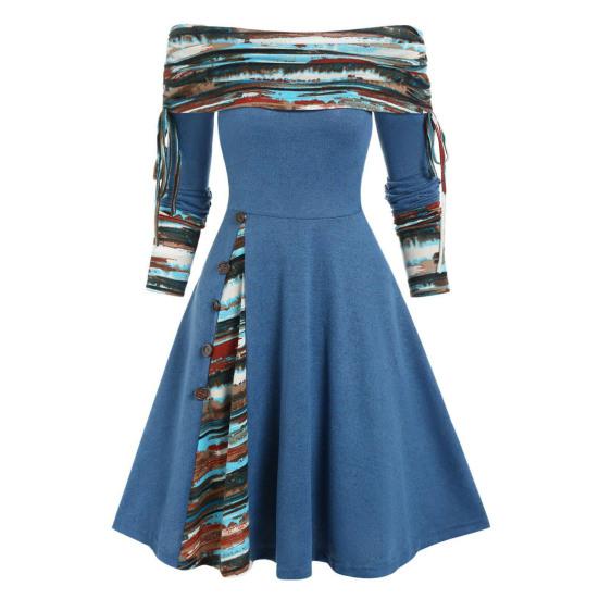 Frauen Herbst Winter A-Line Midi Kleid Off Schulter Lange Ärmel Plaid Nähte Druck Tasten Dekor Weihnachten Party Kleid