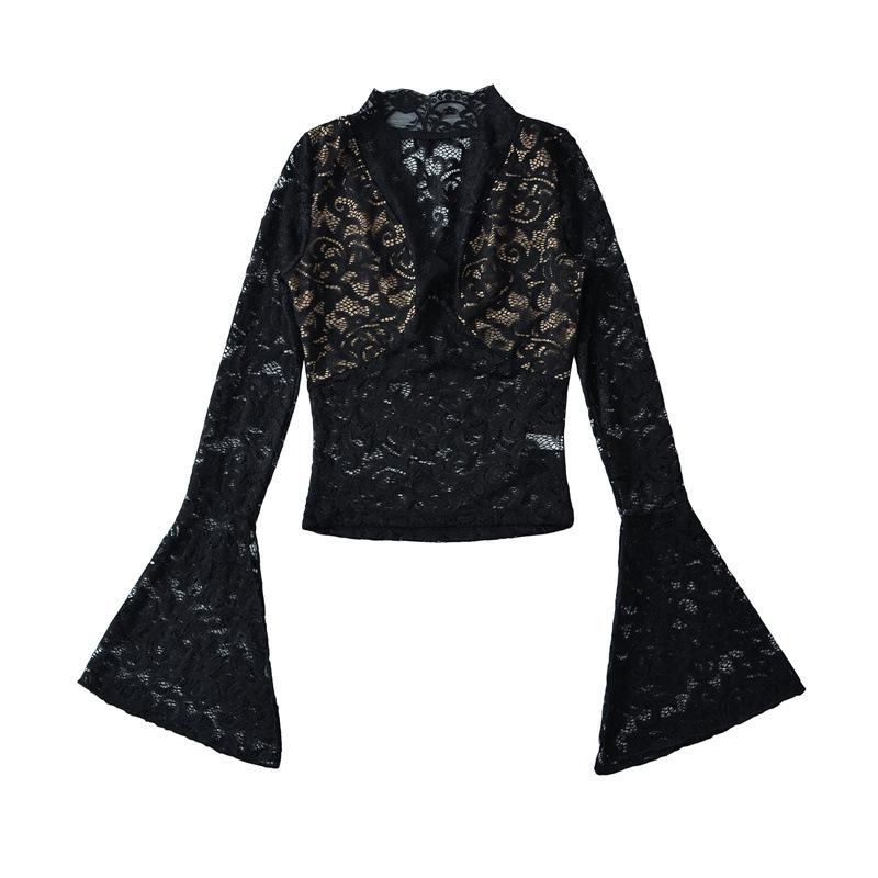 

Women s Elegant Lace Bell Sleeve Top – Waist-Cinching, Ideal for Spring/Autumn, High-End Feel, Pure and Desirable Design. Medium чёрный
