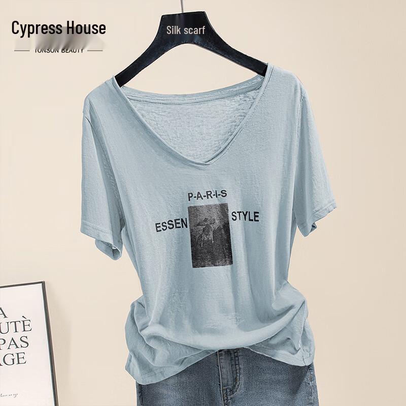 Sibaisha Women s V-Neck Letter Print Short Sleeve T-Shirt L