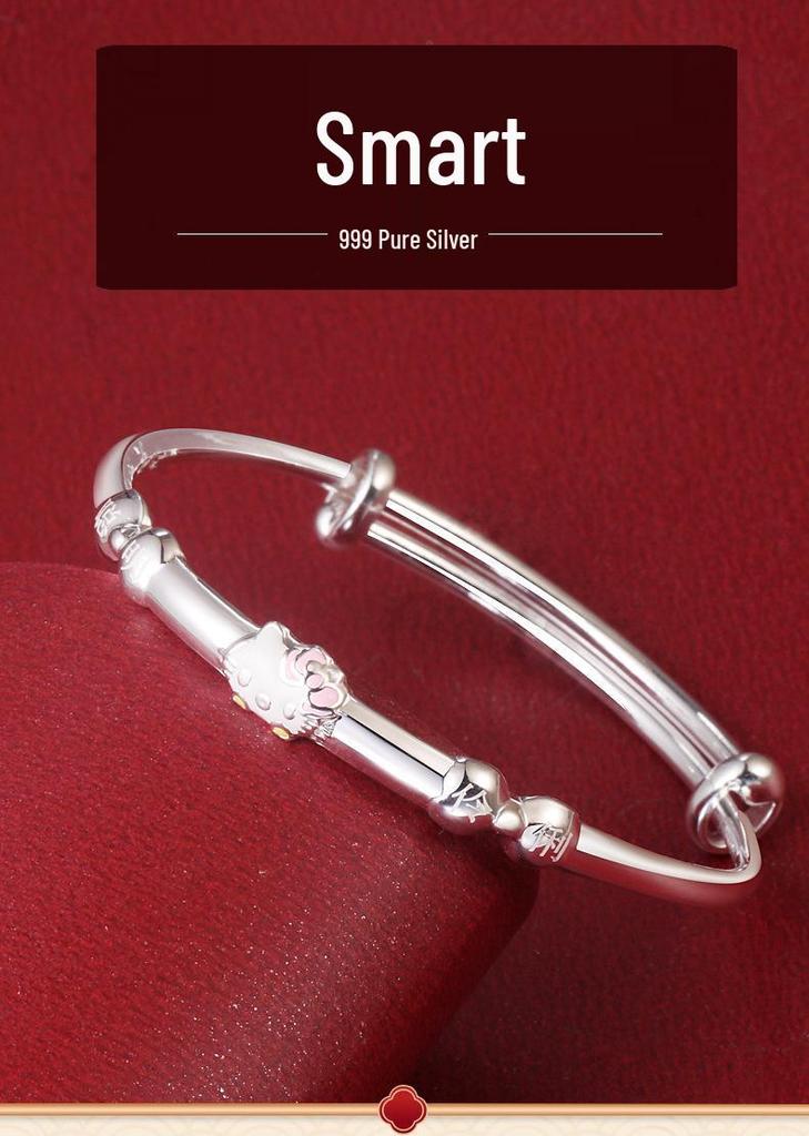 Sterling Silver Kitten Bracelet for Girls (Ages 4-15) - Medium/Large, Perfect for Children's Day