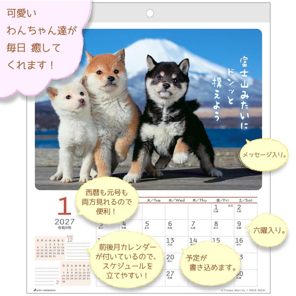 Active Corporation 2027 DOG Wall Calendar, Cute Dog Photos with Inspiring Messages, Jan-Dec 2027, Sunday Start, Made in Japan, 27ACL-01