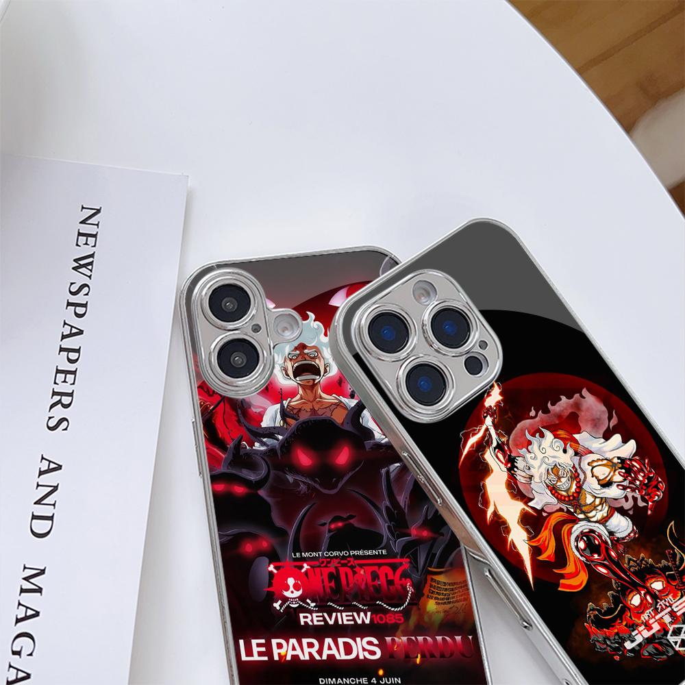 N128 Anime One Piece Gear 5 Phone Case for iPhone 16 15 13 Pro Max Samsung S24 S23 A54 A35 Xiaomi Redmi Note 13 Pro Plated Frame Tempered Glass Cover