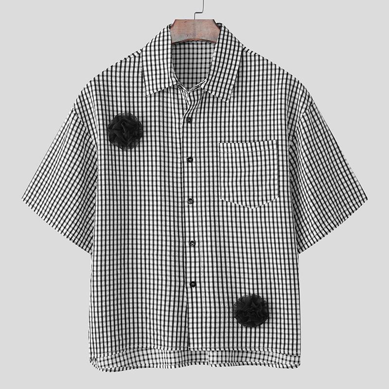 

INCERUN Summer Men Lapel Neck Short Sleeve Plaid Floral Casual Oversized Shirts S чёрный