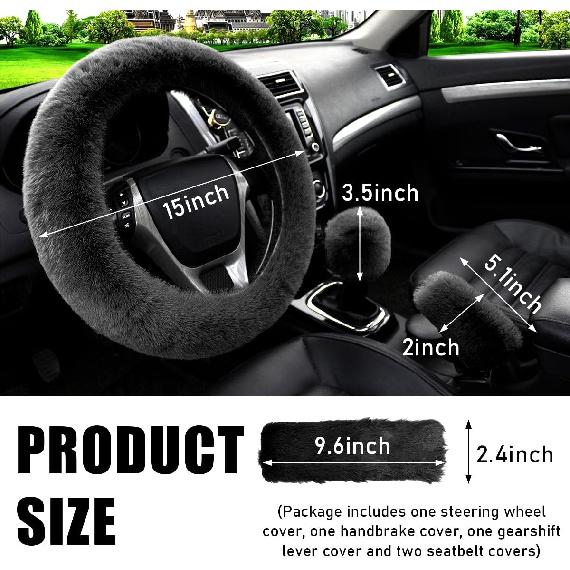 5 PCS Fluffy Steering Wheel Covers Set, Faux Wool Steering Wheel Cover & Handbrake Cover & Gear Shift Cover & 2 Seat Belt Shoulder Pads, Universal
