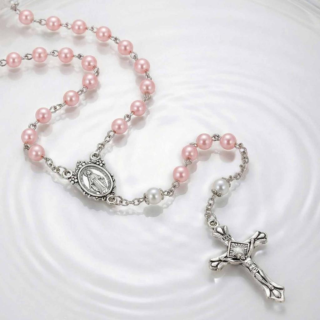 Croce Rosario Vergine Maria Collana a Y per Donna Catena di Perle Finte Rosa Collane Catena Regali Gioielli Cristiani per la Preghiera