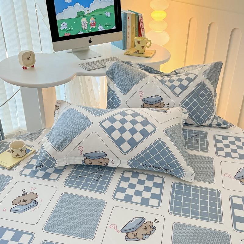 Modern Geometric Plaid Pattern Bed Sheet Set Cute Puppy Printed 100% Cotton Bed Sheets with 2 Pillowcases Home Bedding Set