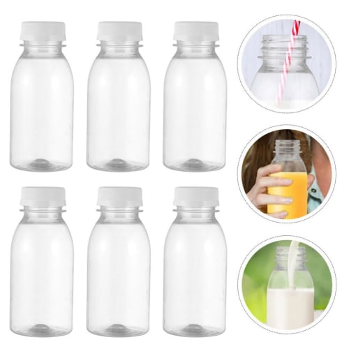 Operitacx 6-Pack 100ml Clear Juice Bottles with Lids, Plastic Juice Containers with Caps, Reusable Empty Bottles for Milk, Drinks, Liquids, Water, and