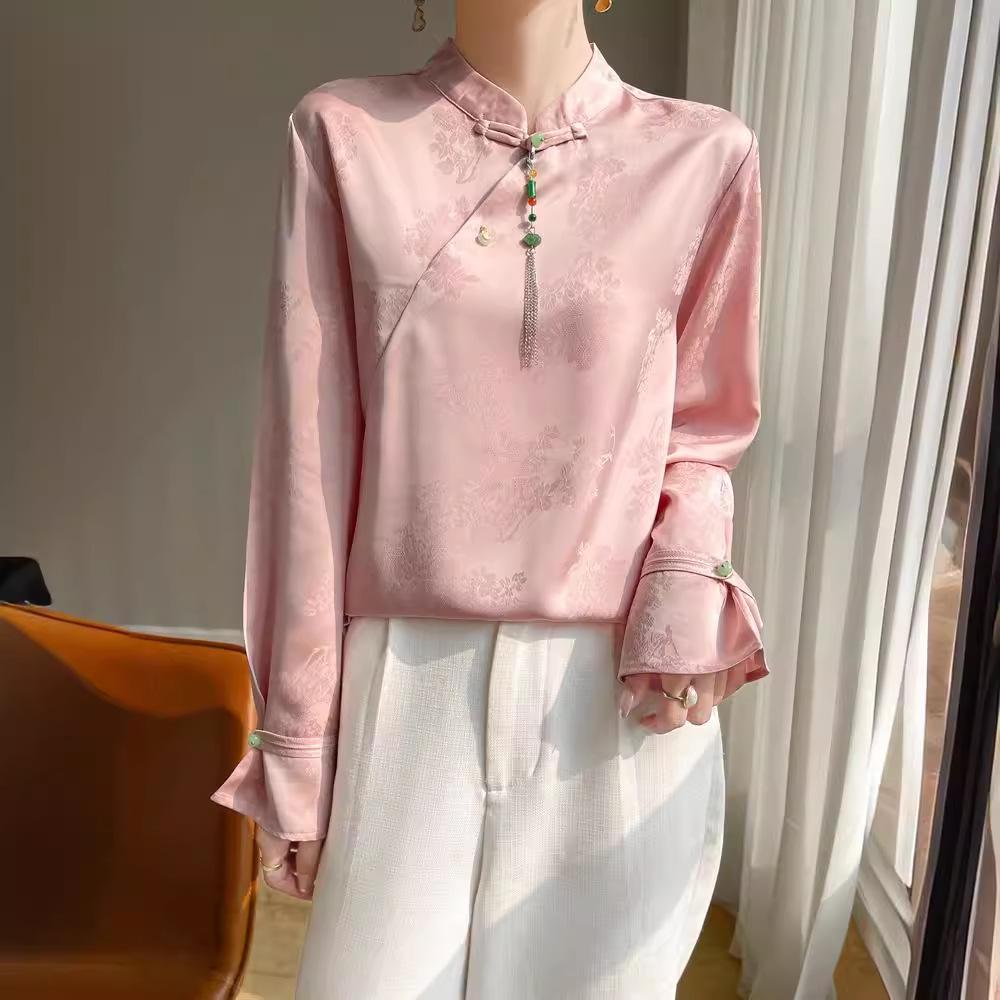 

2024 Spring Retro Chinese Frog Button Long Sleeve Women s Top with Stand Collar 3XL