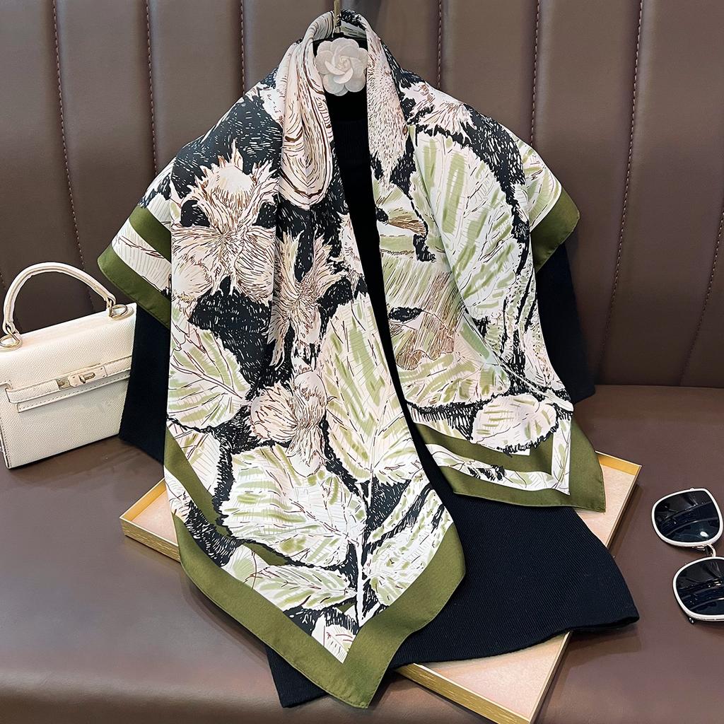 French Style Printed 90cm Square Scarf For Office Commute Neck Wear