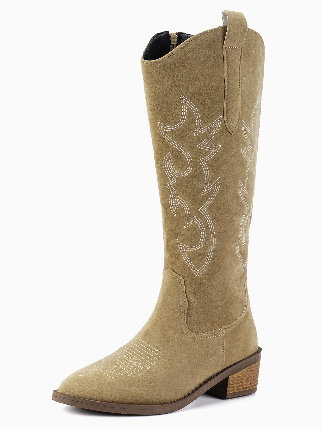 

Модные классические вышитые сапоги из искусственной кожи с заостренным носком, на толстом каблуке, современные сапоги-лодочки до середины голени 39 хаки