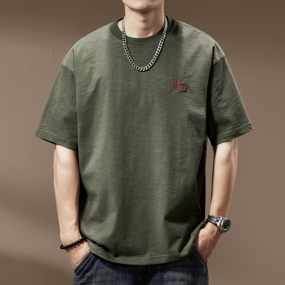 

Men s Olive Green Heavyweight Cotton T-Shirt - Embroidered, Breathable, Wrinkle-Resistant, Short Sleeve, Loose Fit, Trendy Menswear. XL