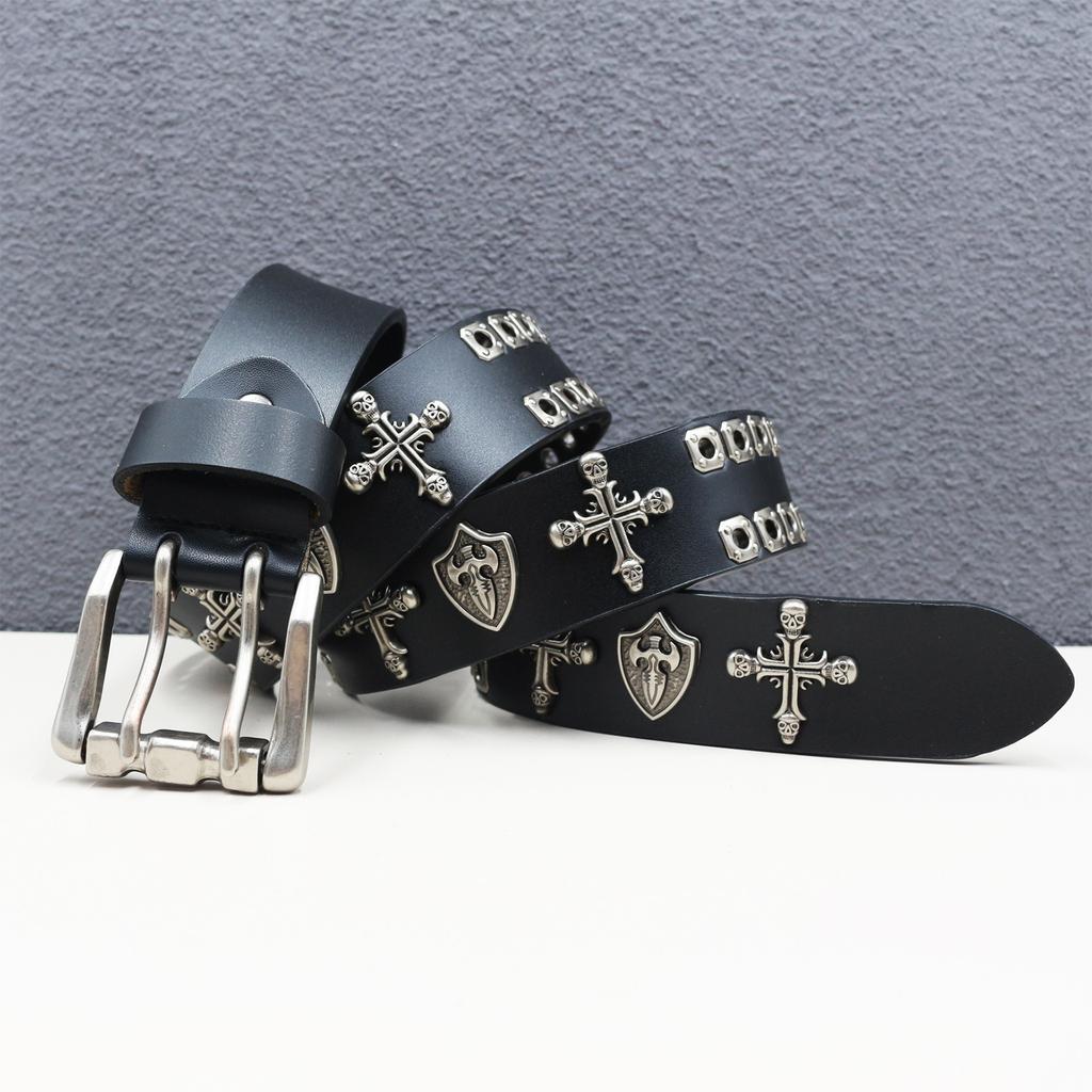 New Genuine Leather Cross Skull Shield Rivet Cowhide Belt Hollow Corn Rivet Belt