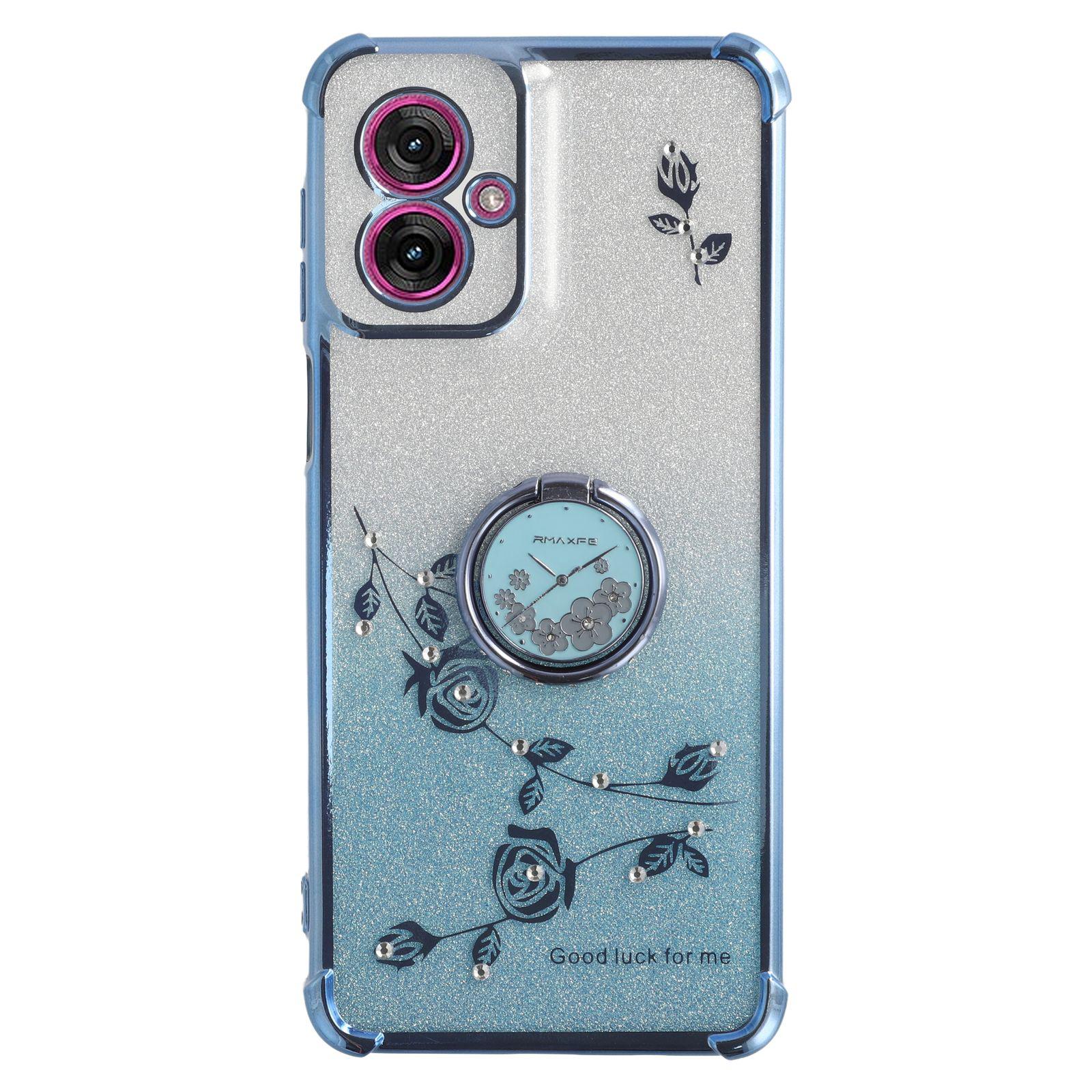 

KADEM For Motorola Moto G55 5G Case Ring Kickstand TPU Flowers Phone Cover Gradient Glitter Blue