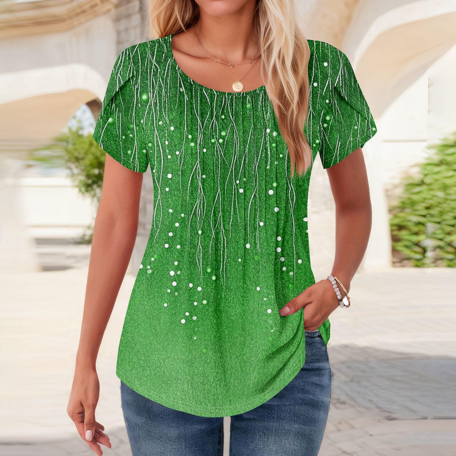 

Женские топы с коротким рукавом и круглым вырезом, летние рубашки с цветочным принтом, блузки для женщин, нарядные повседневные L зелёный