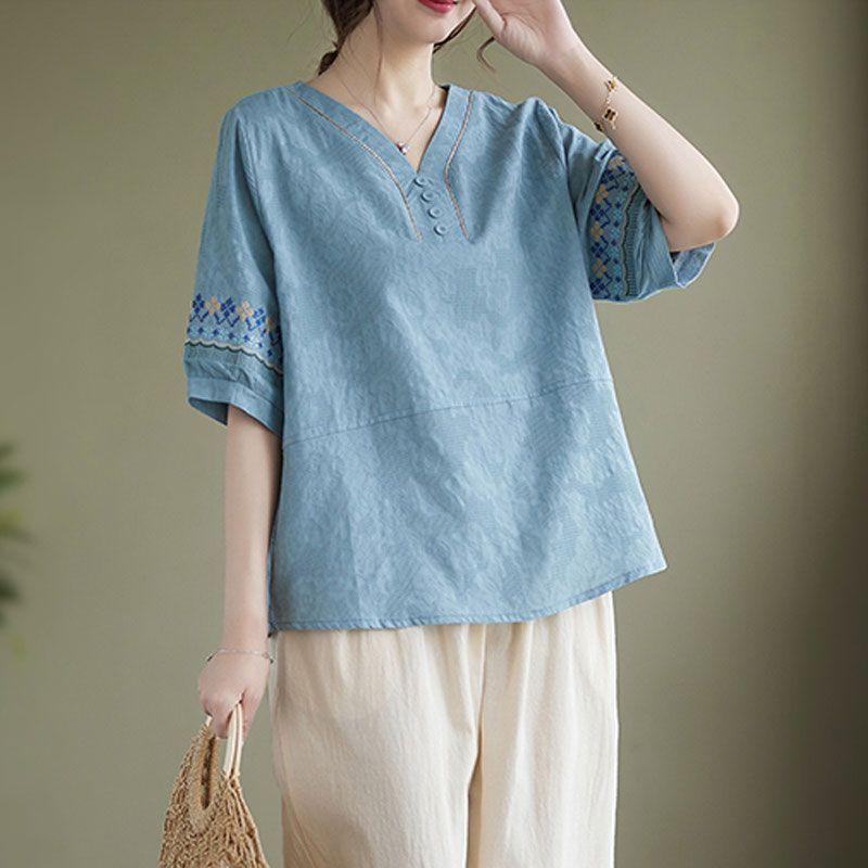 Retro summer fashion mom cotton and linen temperament loose and slim suit top