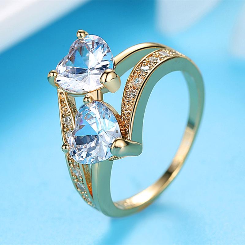 LUXY MOON Fashion Women Blue Zircon Double Heart Love Rings Wedding Decor Double Heart Zircon Ring