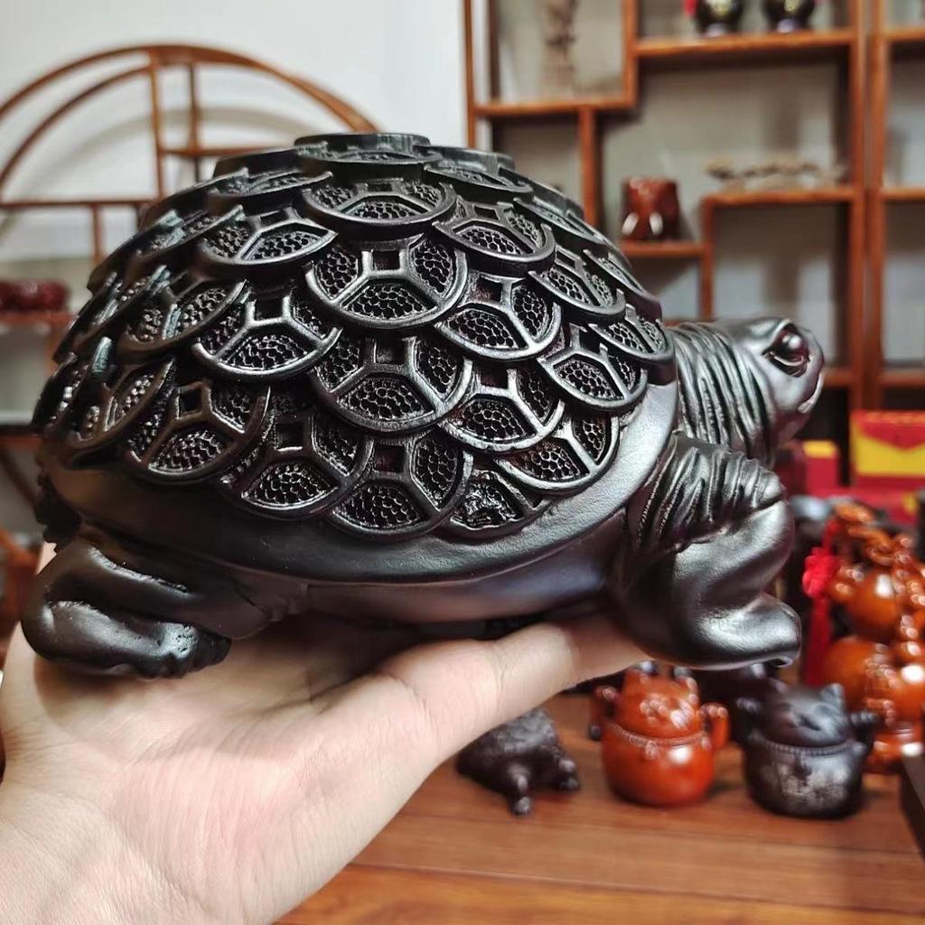 Ebony Money Turtle Wooden Figurine - Handcrafted Home & Office Decor Ornament