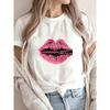 Camiseta Casual Blanca Rosa Labios Estampado con Cremallera para Uso Diario y Atuendos de Moda