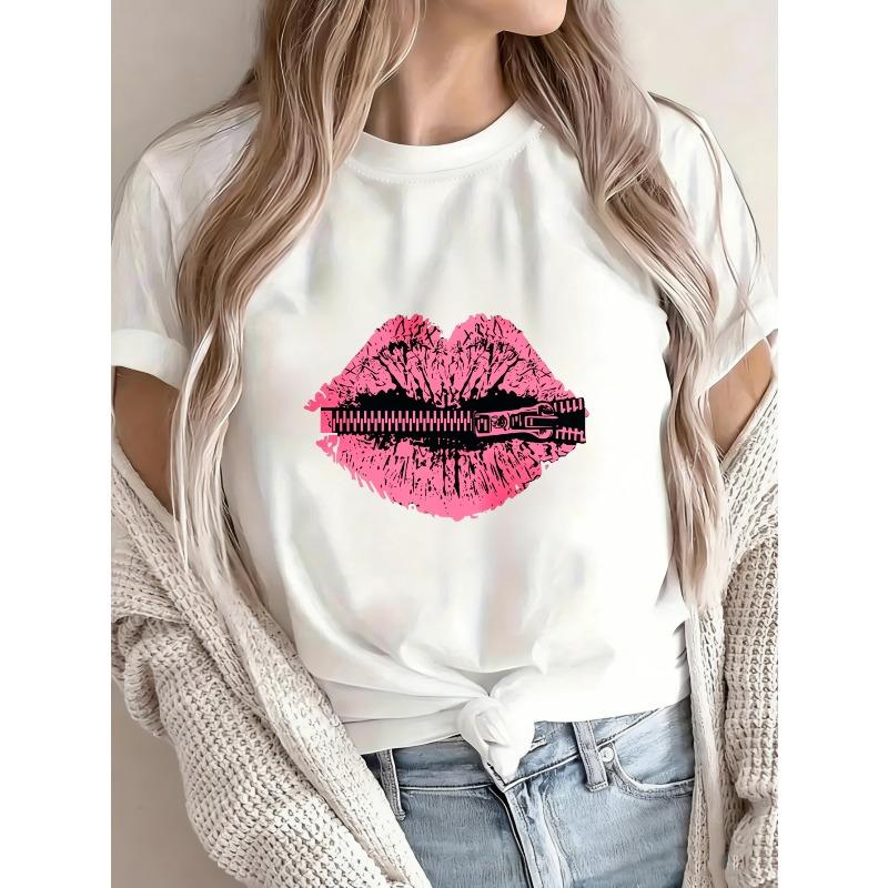 Camiseta Casual Blanca Rosa Labios Estampado con Cremallera para Uso Diario y Atuendos de Moda