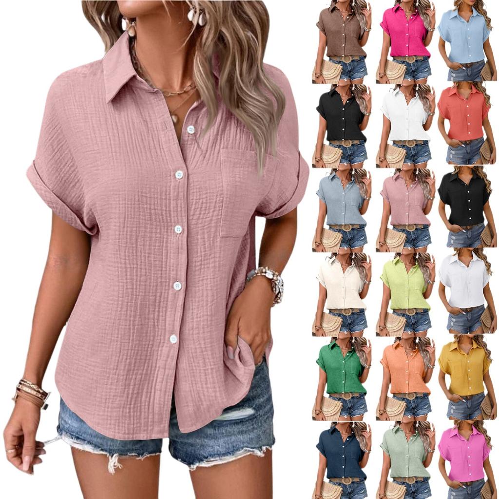 Womens Button Down Shirts Short Sleeve Casual Collared Shirt Loose Blouses Solid Color Tops With Pocket