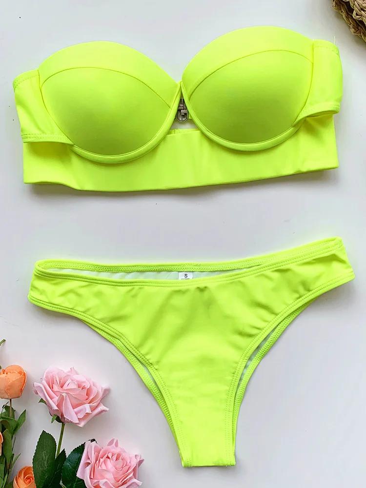 Neon Green Push Up Bra Cup Bikini Women Bandeau Swimsuit Female Swimwear Two Pieces Bikini Set Brazilian Bathing Suit Swim Lady