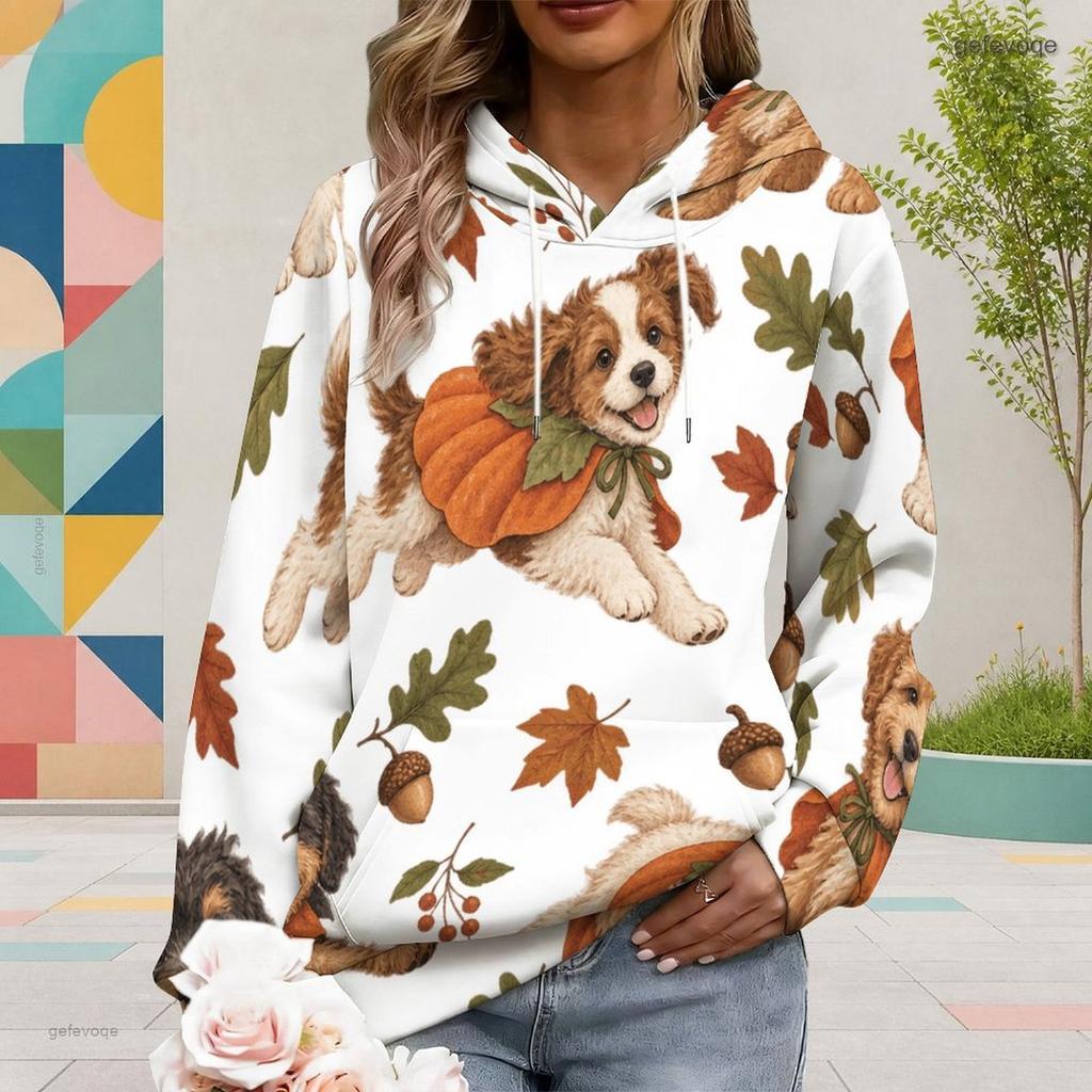 Women Plus Size White Halloween Ghost Pumpkin Printed Hoodie Long Sleeve Drawstring Hood Kangaroo Pocket Pullover