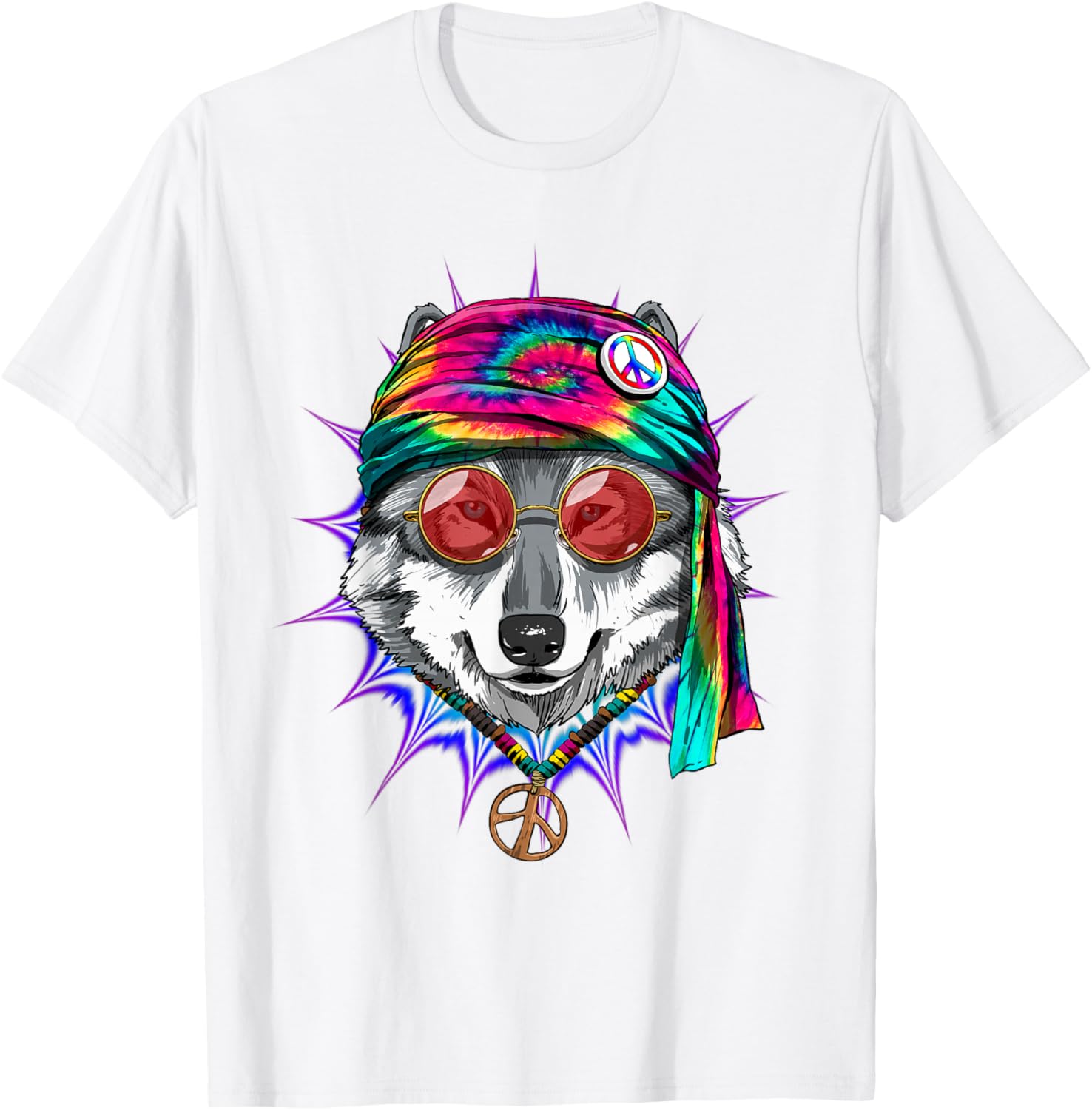 Hippie Wolf Tie Dye Graphic Tee Men Retro Peace Love Animal Print T-Shirt S