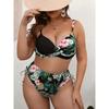 Bikini a vita alta smerlato taglie forti per donna, costume da bagno floreale sexy con scollo a V, due pezzi, costume da bagno da spiaggia
