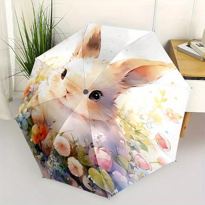1pc Cute Rabbit & Flowers Automatic 3-Fold Umbrella Design, Cute Cartoon Pattern, Portable Outdoor Umbrella, Perfect, Holiday Gift for Disne
